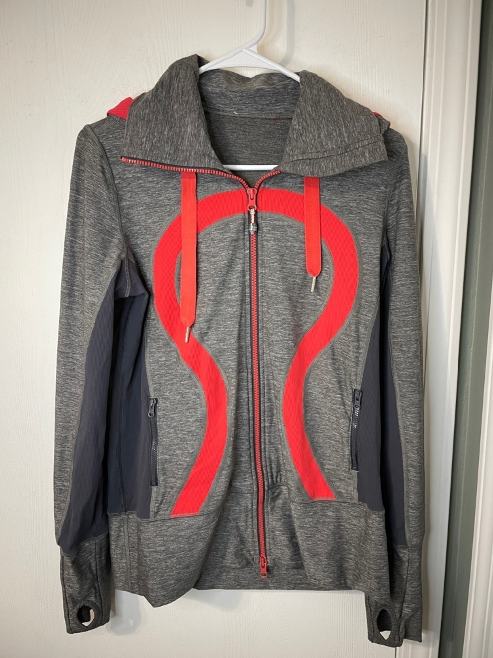 Lululemon In Stride Jacket Heathered Gray Red Size 8 Hooded Full Zip
